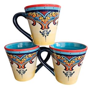 Euro Ceramica ZANZIBAR Set of 3 Colorful Mugs 4 1/4" Tall Vintage Artisan Floral
